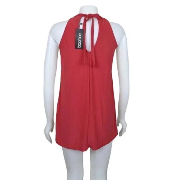 NWT Boohoo Petite Lorna Tie Neck Cut Out Swing Mini Dress Red Size 2 - Picture 4 of 11